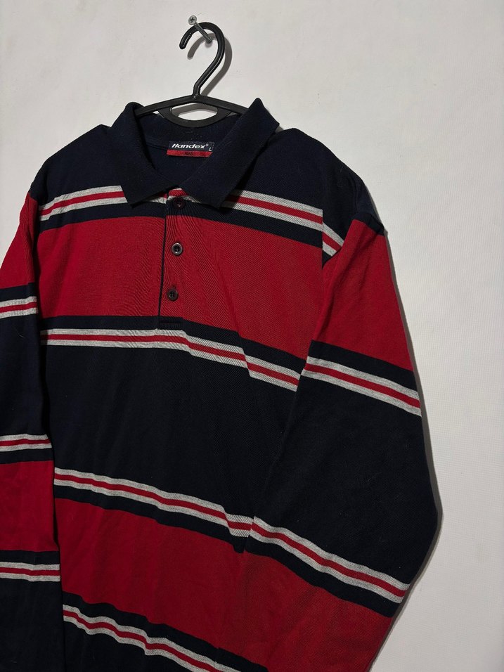 Uzun Kollu Kırmızı Siyah Çizgili Polo Tişört - Görsel 2