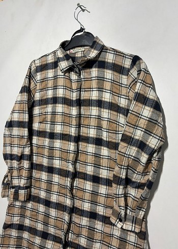 Kadın Bej Ekose Uzun Kollu Keten Gömlek - Görsel 2