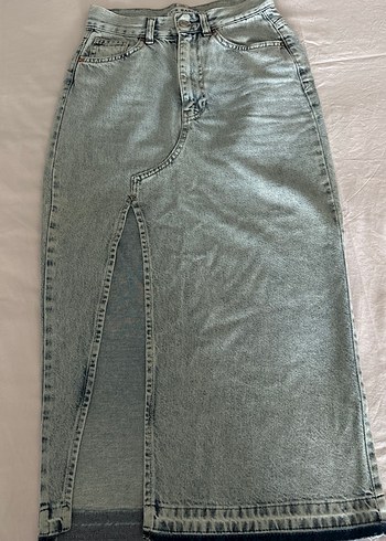 Gri Midi Denim Uzun Etek yırtmaçlı