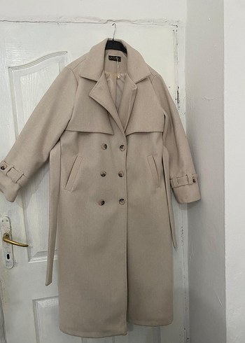 Bej Çift Düğmeli Kadın Astarlı Kaşe Kaban - Görsel 3