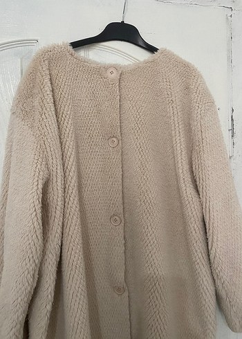 Bej Düğmeli Midi Triko Kadın Ceket Atkılı - Görsel 3