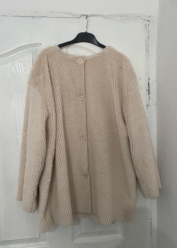 Bej Düğmeli Midi Triko Kadın Ceket Atkılı - Görsel 2