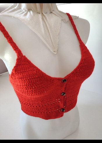 Kırmızı Örgü Düğmeli Bohem Büstiyer - Görsel 2