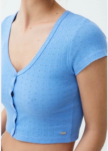 Mavi Kız Triko V Yaka Kısa Kollu Düğmeli Üst - Görsel 2