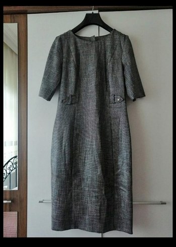 midi boy gri ofis elbise - Görsel 2