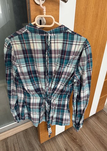 Kadın Mavi Ekose Uzun Kollu Gömlek - Görsel 4