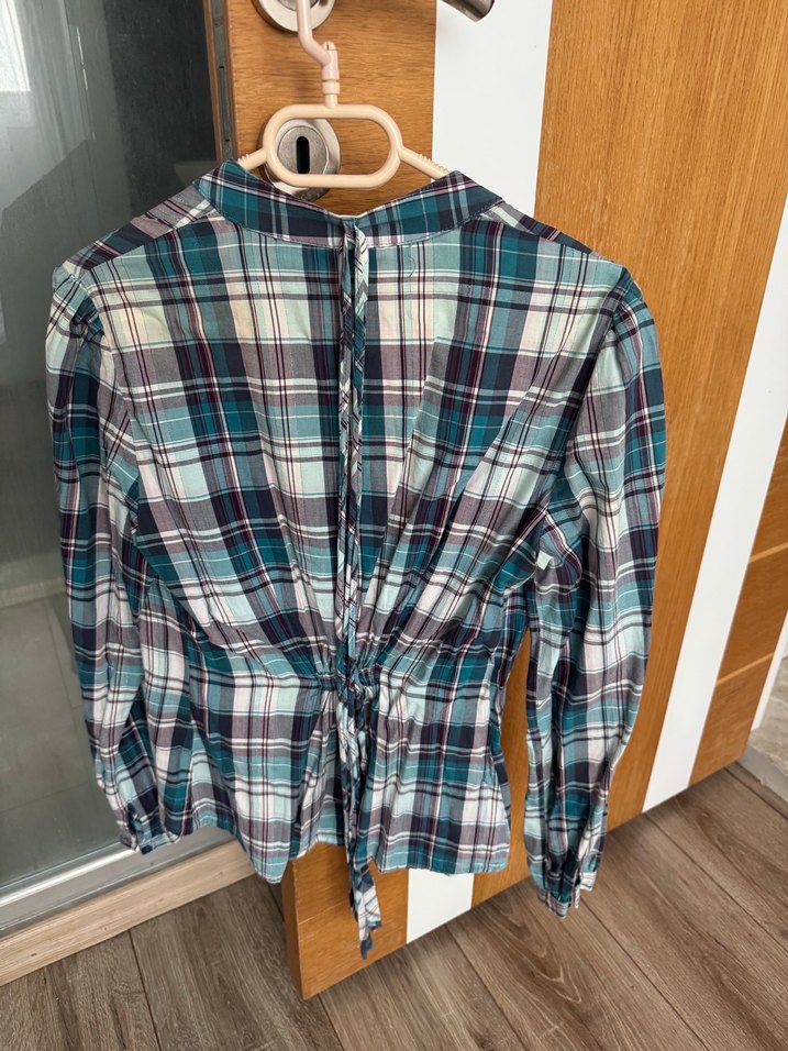 Kadın Mavi Ekose Uzun Kollu Gömlek - Görsel 4