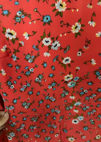 Uzun Kollu Çiçek Desenli Nar Çiçeği Kadın Elbise - Görsel 4