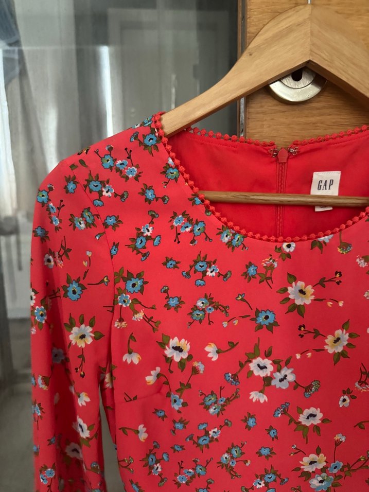 Uzun Kollu Çiçek Desenli Nar Çiçeği Kadın Elbise - Görsel 2