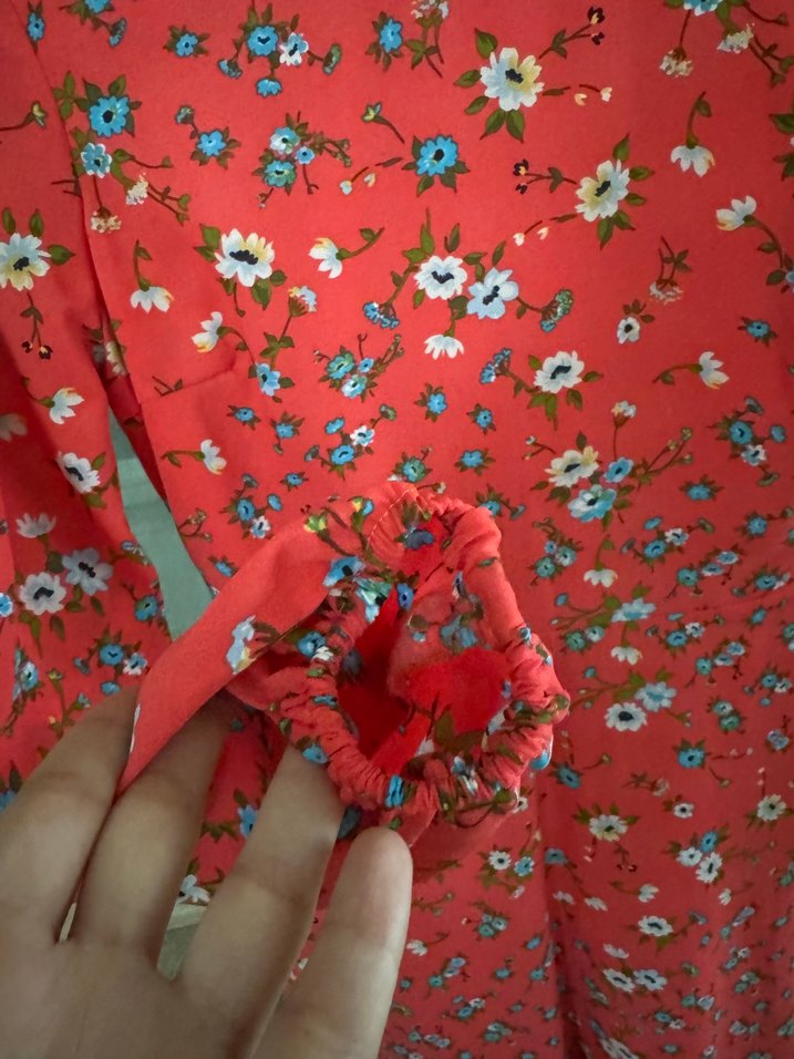 Uzun Kollu Çiçek Desenli Nar Çiçeği Kadın Elbise - Görsel 3