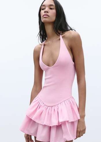 Zara ZARA Pembe Mini Askılı Fırfırlı Elbise