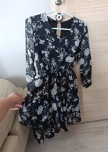 Diğer Kadın Siyah Baskılı Mini Uzun Kollu Salaş Elbise