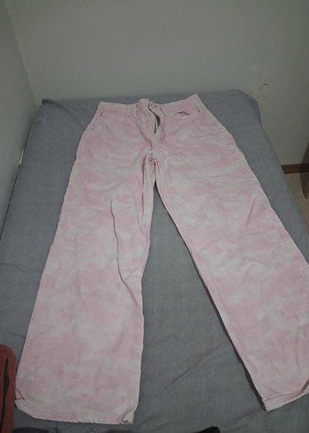 46 Beden Düğmeli Pembe Batik Desenli Kadın palazzo Pantolon