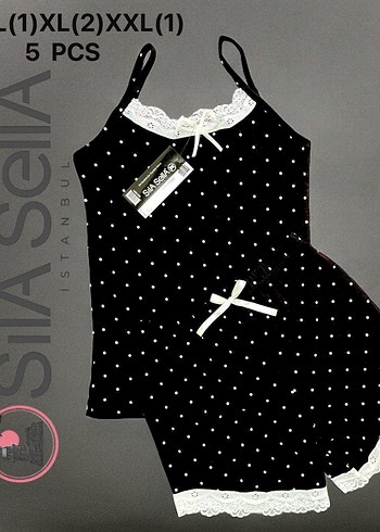 Siyah Puantiyeli Mini Askılı Pijama Takımı