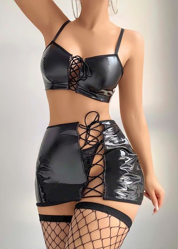 Siyah Deri Dantel Detaylı Mini Büstiyer - Görsel 2