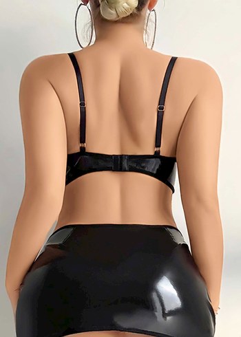 Siyah Deri Dantel Detaylı Mini Büstiyer - Görsel 3