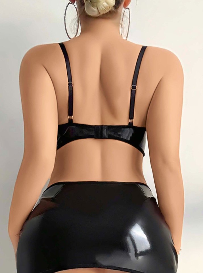 Siyah Deri Dantel Detaylı Mini Büstiyer - Görsel 3