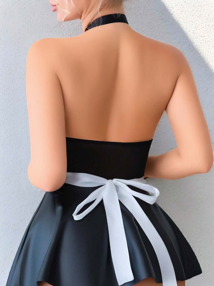 Siyah Mini Halter Boyunlu Göğüs Korsesi - Görsel 5