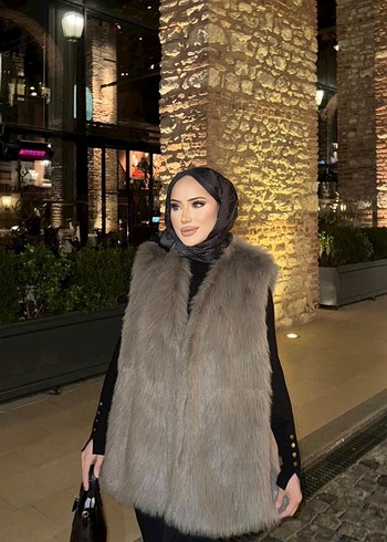 Kül kahve Kürk Detaylı Midi Yelek - Görsel 2