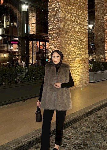 Kül kahve Kürk Detaylı Midi Yelek - Görsel 3