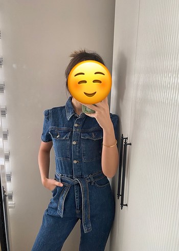 38 Beden Lacivert Kemerli Kadın Denim Tulum