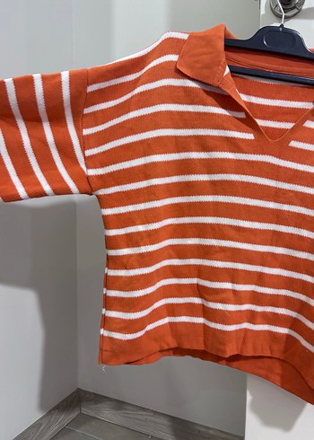 Turuncu çizgili triko kazak - Görsel 2