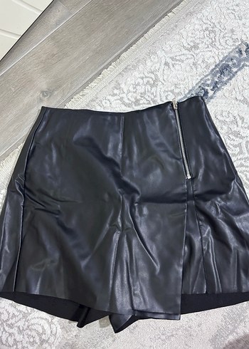 Siyah Deri Mini şort  Etek Fermuarlı - Görsel 2