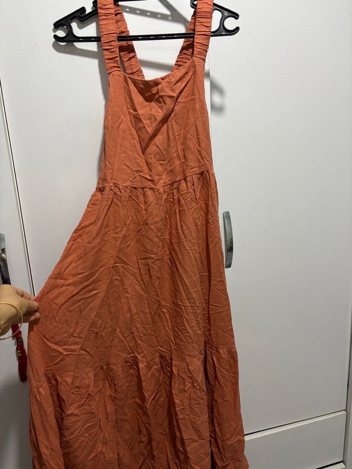 Kiremit rengi Salaş Uzun Keten Elbise - Görsel 3