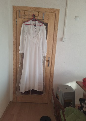 m Beden Beyaz Uzun İp Askılı Bohem Vintage Gecelik
