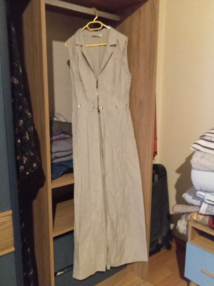 Bej Keten Uzun Bohem elbise tarzı yelek - Görsel 2