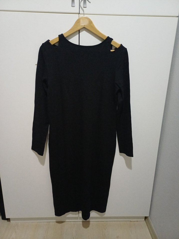 Siyah V Yaka Uzun Kollu Triko Elbise - Görsel 2