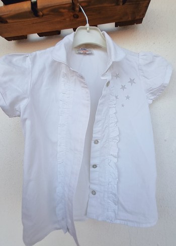 Kısa Kollu Beyaz Keten Kız Bluzu - Görsel 2