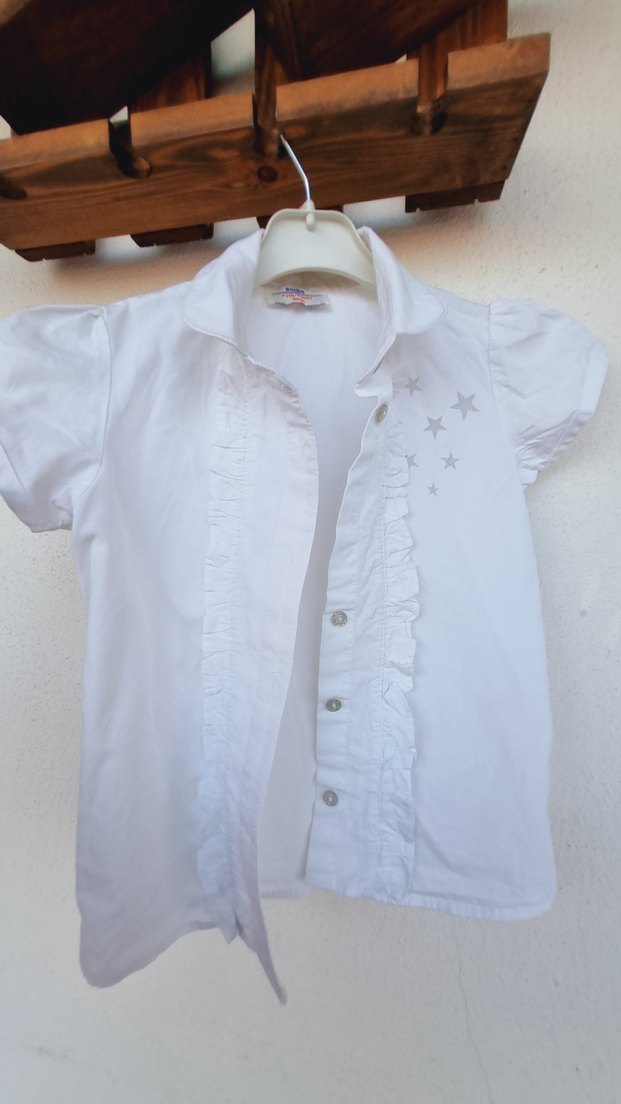 Kısa Kollu Beyaz Keten Kız Bluzu - Görsel 2