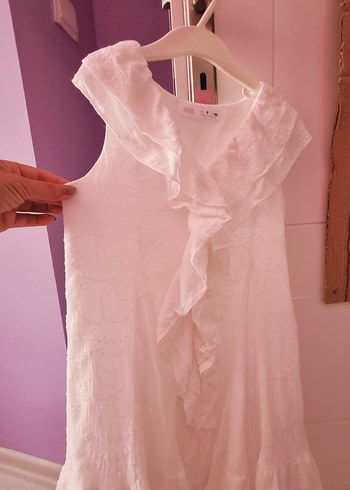 zara fırfırlı Beyaz Keten kız çocuk elbise - Görsel 2