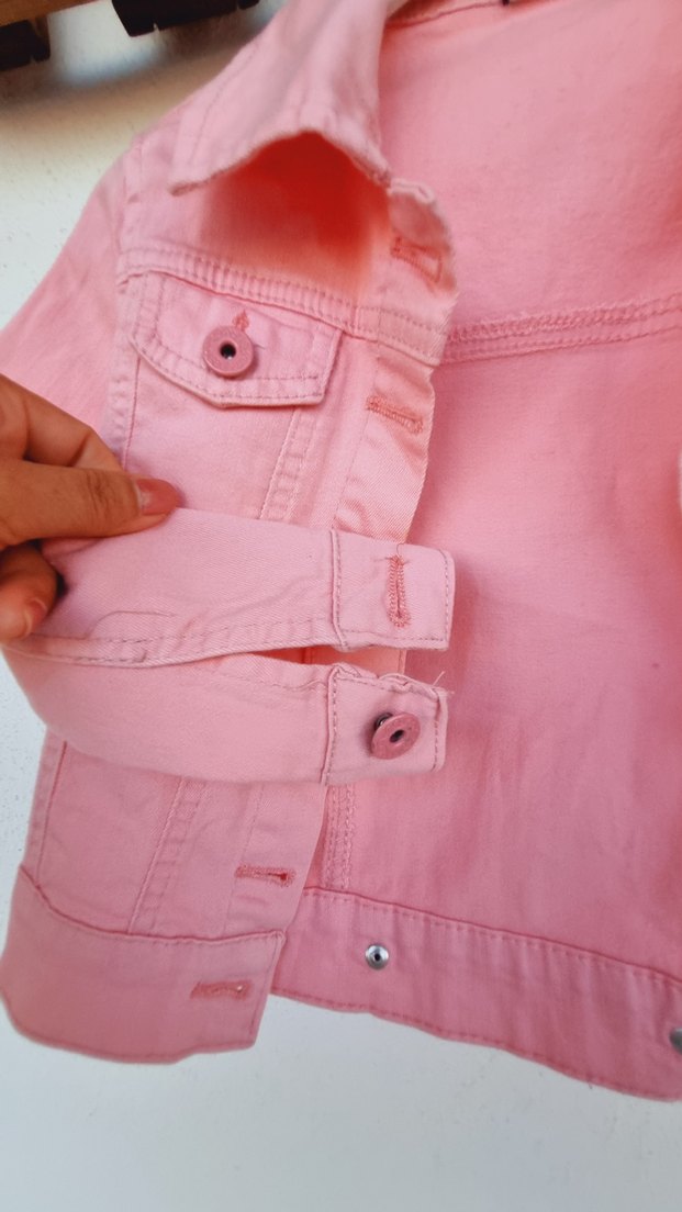 Düğmeli Pembe Denim Kız Ceketi - Görsel 4