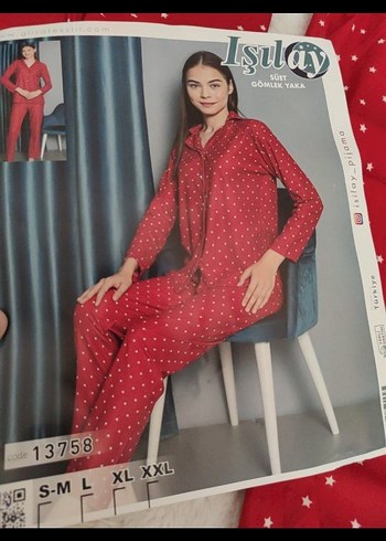 l Beden kırmızı Renk Kırmızı Yıldız Desenli Kadın Pijama Takımı