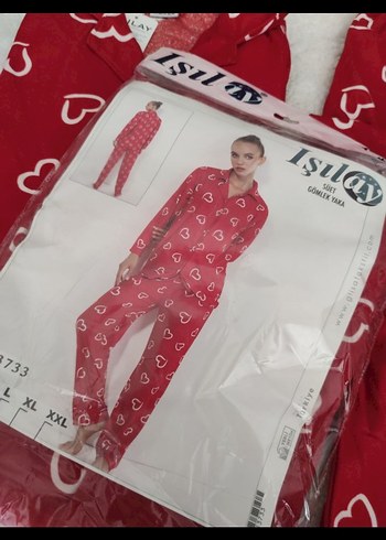 xxl Beden Uzun Kollu Kırmızı Kalp Desenli Pijama Takımı