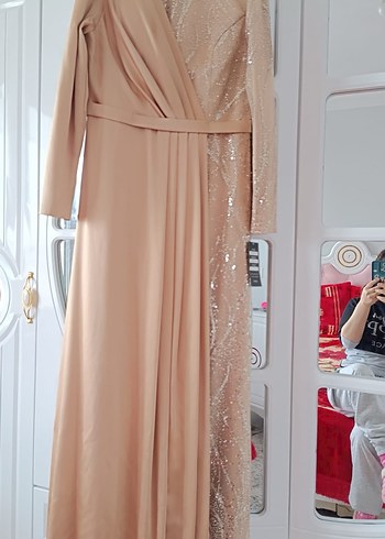 Bej Nakışlı Drapeli Uzun Abiye Elbise - Görsel 5