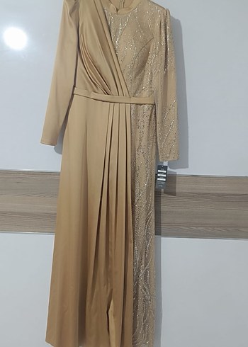 Bej Nakışlı Drapeli Uzun Abiye Elbise - Görsel 4