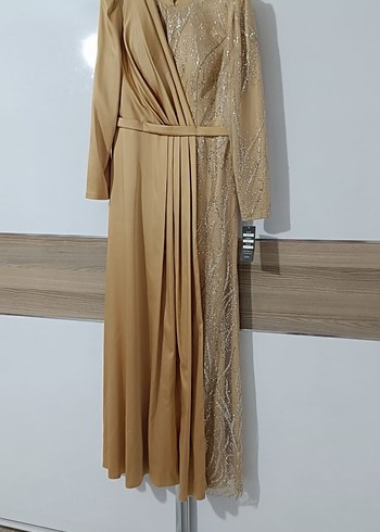 Bej Nakışlı Drapeli Uzun Abiye Elbise - Görsel 10