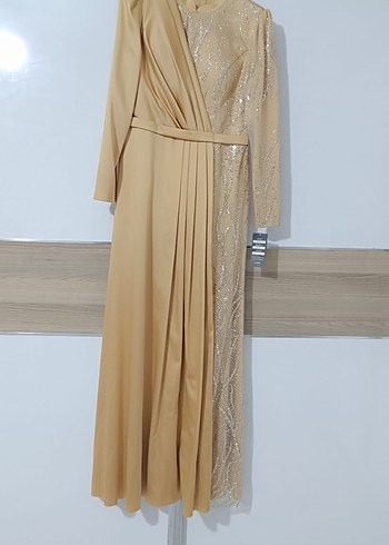 Bej Nakışlı Drapeli Uzun Abiye Elbise - Görsel 8