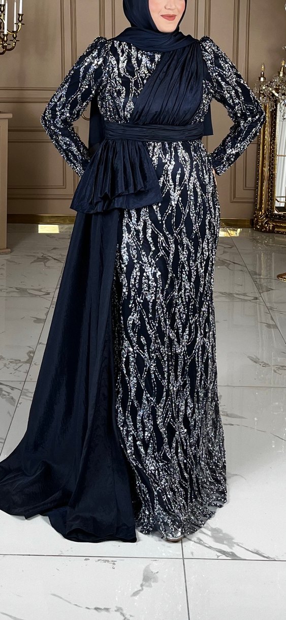 Uzun Drapeli Mavi Kadın Abiye Elbise - Görsel 2