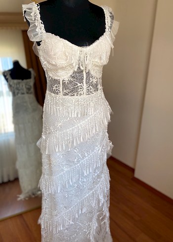 Bohem Mini Gelinlik Beyaz Dantel Detaylı
