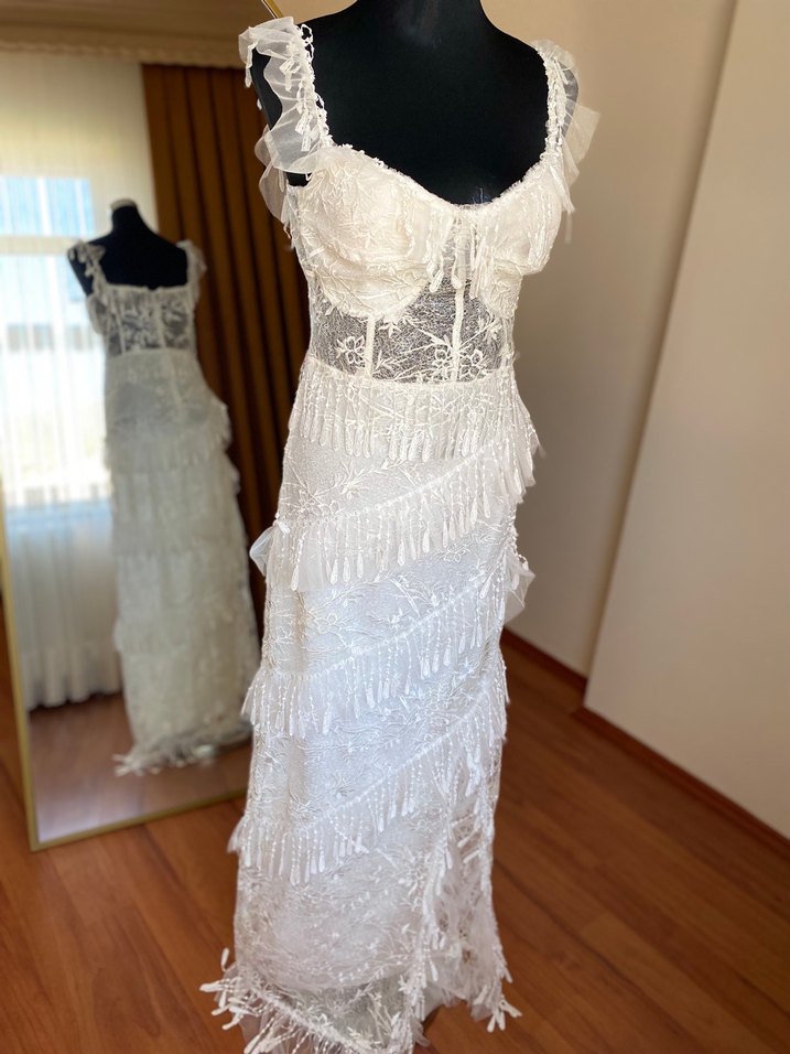 Bohem Mini Gelinlik Beyaz Dantel Detaylı - Görsel 2