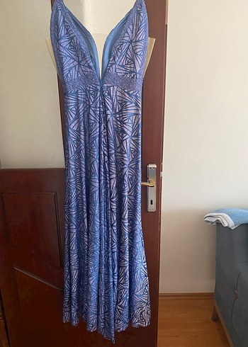 Mavi V Yakalı Uzun  Abiye Elbise - Görsel 5