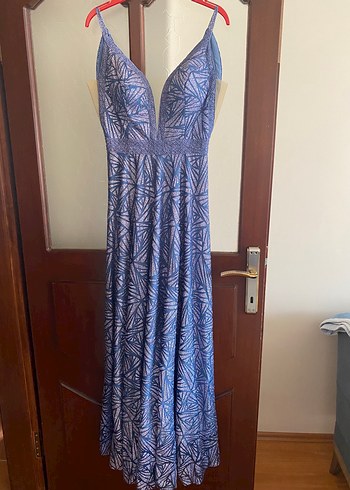 Mavi V Yakalı Uzun  Abiye Elbise - Görsel 7