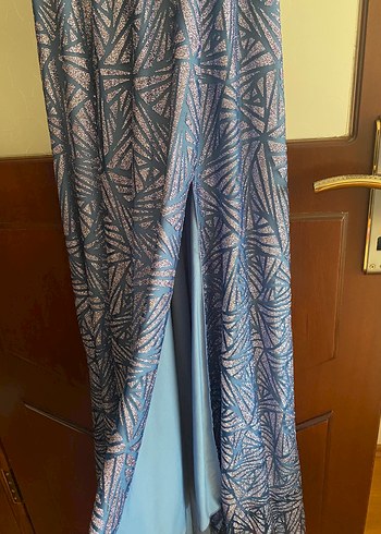 Mavi V Yakalı Uzun  Abiye Elbise - Görsel 6