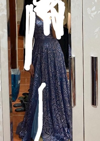 Mavi V Yakalı Uzun  Abiye Elbise - Görsel 11