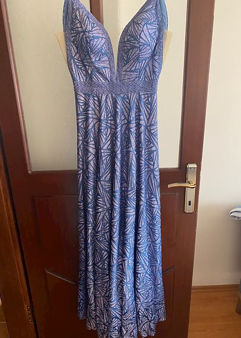 Mavi V Yakalı Uzun  Abiye Elbise - Görsel 4