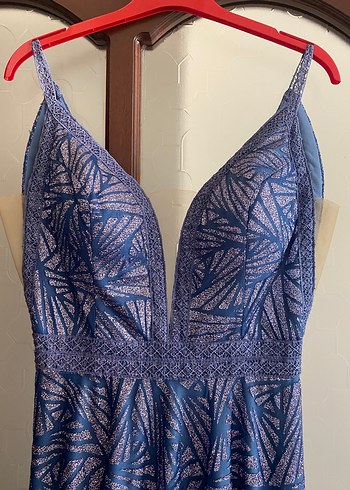 Mavi V Yakalı Uzun  Abiye Elbise - Görsel 3